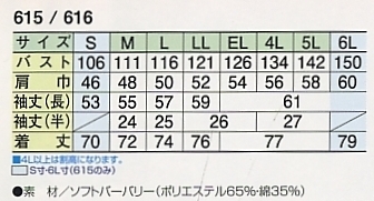 616 半袖シャツのサイズ画像
