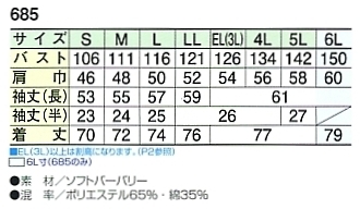 685 長袖シャツ(12廃番)のサイズ画像