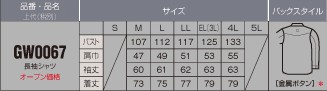 GW0067 長袖シャツのサイズ画像