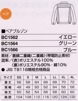 BC1564 ペアブルゾン(15廃番)のサイズ画像