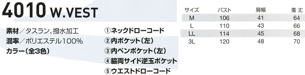 4010 防寒ベスト(廃番)のサイズ画像