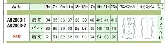 AR2803 ベスト(16廃番)のサイズ画像