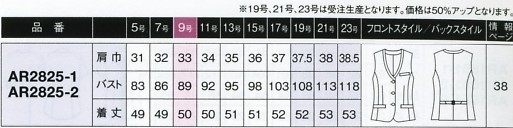 AR2825 ベスト(事務服)(16廃番)のサイズ画像
