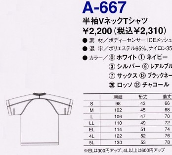 A667 半袖VネックTシャツのサイズ画像