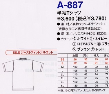 A887 半袖Tシャツ(13廃番)のサイズ画像