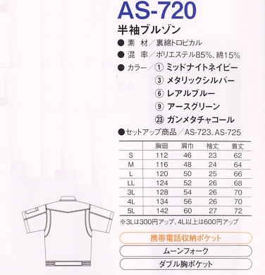 AS720 半袖ブルゾンのサイズ画像
