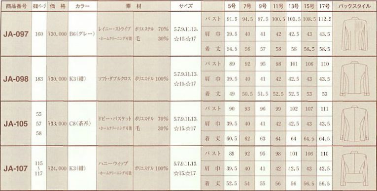 JA097 ジャケットのサイズ画像
