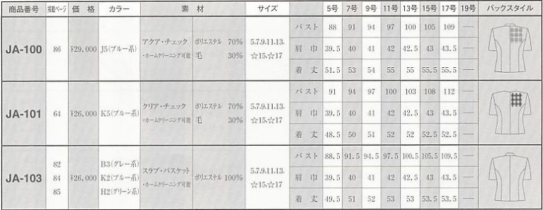JA100 ジャケットのサイズ画像