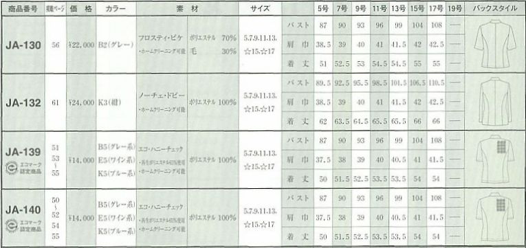 JA130 ジャケットのサイズ画像