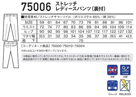 75006 レディースパンツのサイズ画像