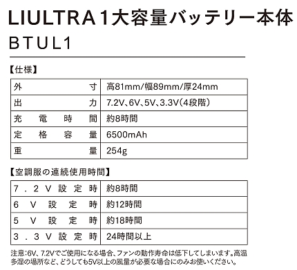 BTUL1 リチウムイオン大容量バッテリー(単体)(空調服)のサイズ画像