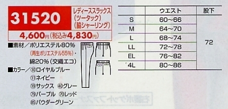 31520 レディーススラックスのサイズ画像