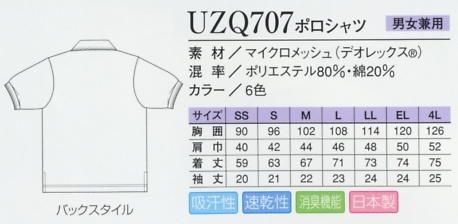 UZQ707 半袖ポロシャツのサイズ画像