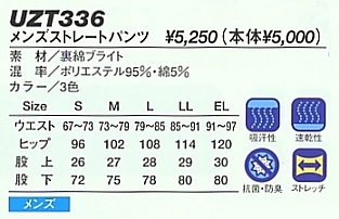 UZT336 メンズストレートパンツのサイズ画像