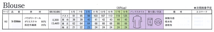 S35866 半袖ブラウス(16廃番)のサイズ画像