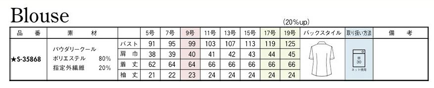 S35868 半袖ブラウス(16廃番)のサイズ画像