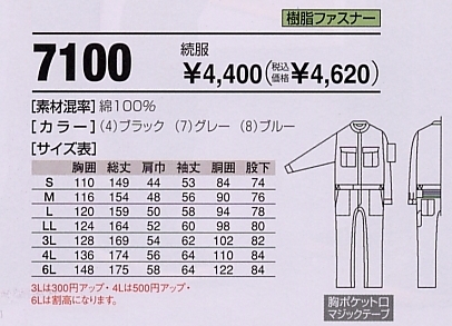 7100 続き服綿100％(ツナギ)のサイズ画像