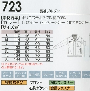 723 長袖ブルゾンのサイズ画像