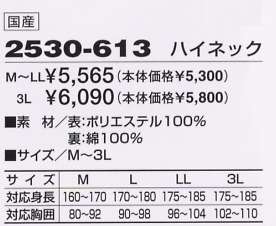 2530-613-3L ハイネック(3L)のサイズ画像