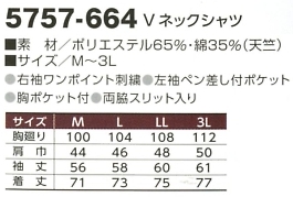 5757-664-3L Vネックシャツのサイズ画像