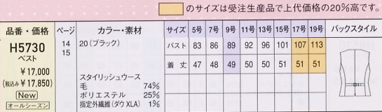 H5730 ベスト(事務服)のサイズ画像
