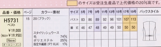 H5731 ベスト(事務服)のサイズ画像