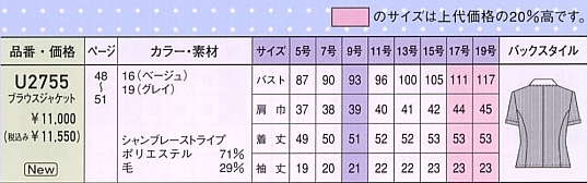 U2755 オーバーブラウス(14廃番)のサイズ画像