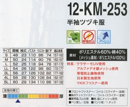 12-KM-253 半袖ツヅキ服(ツナギ)のサイズ画像