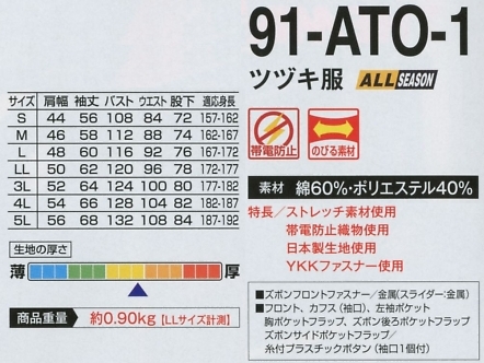 91-ATO-1 ツヅキ服(ツナギ)のサイズ画像