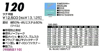 120 ツナギ服のサイズ画像