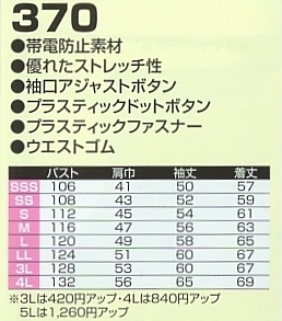 370 ペアブルゾンのサイズ画像