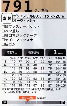 791 ツナギ服のサイズ画像