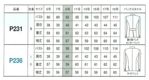P236 ジャケット(12廃番)のサイズ画像