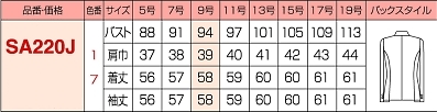SA220J ジャケットのサイズ画像