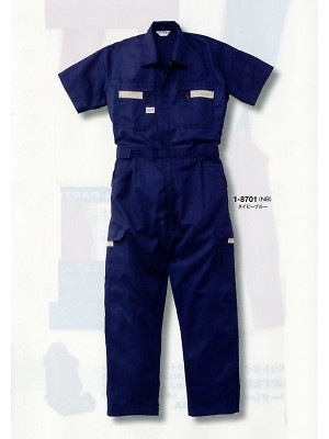 山田辰 DICKIES WORK　AUTO-BI THEMAN,1-8701,ストライプ半袖ツヅキ服(ツナギ)の写真は2022最新カタログ79ページに掲載されています。