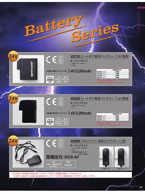 アタックベース ATACK BASE,400965 ヒートギア専用7.4Vバッテリー単体の写真は2025-26最新オンラインカタログ95ページに掲載されています。