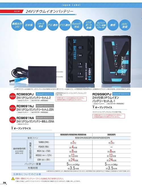 アタックベース ATACK BASE,RD9590PJ 24VリチウムイオンバッテリーセットJL-1の写真は2026最新オンラインカタログ74ページに掲載されています。