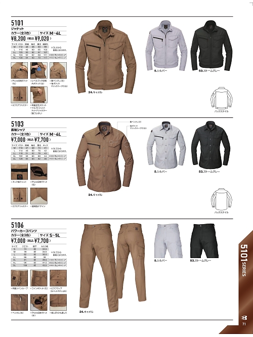 バートル(クロカメ被服),5103,長袖シャツの写真は2023最新のオンラインカタログの71ページに掲載されています。
