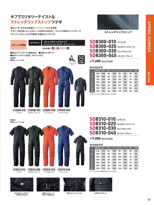 ソルディ ＳｕｎＤｉｓｋ [日の丸繊維],SD8300-030 ストレッチツナギの写真は2025最新オンラインカタログ11ページに掲載されています。