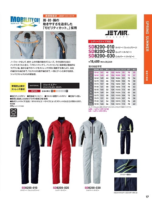 ソルディ ＳｕｎＤｉｓｋ [日の丸繊維],SD8200-020 ジェットエアーツナギの写真は2025最新オンラインカタログ17ページに掲載されています。