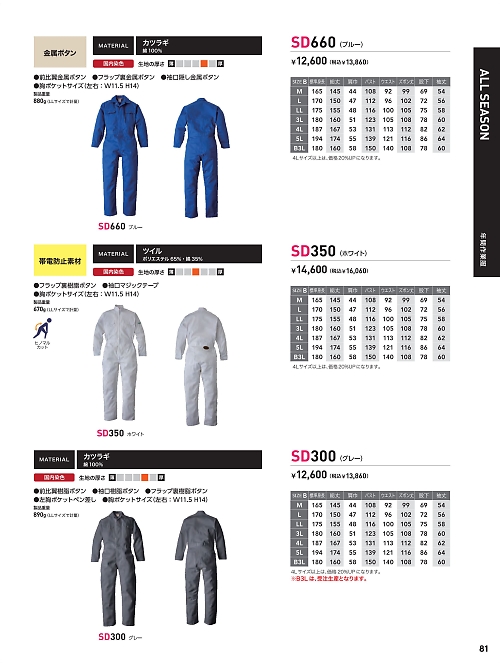 ソルディ ＳｕｎＤｉｓｋ [日の丸繊維],SD350,ツナギ(ホワイト)の写真は2025最新カタログ81ページに掲載されています。