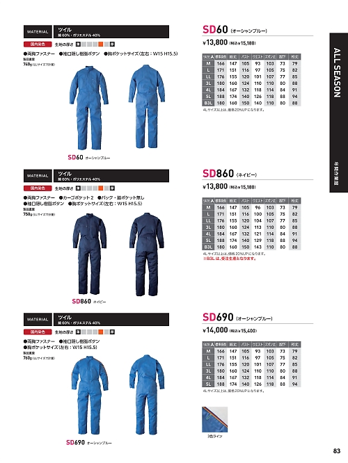 ソルディ ＳｕｎＤｉｓｋ [日の丸繊維],SD860 ツナギ(ネイビー)の写真は2025最新オンラインカタログ83ページに掲載されています。
