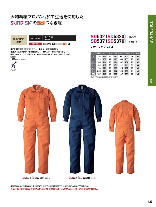 ソルディ ＳｕｎＤｉｓｋ [日の丸繊維],SD537,ツナギ(ネイビー)の写真は2025最新カタログ123ページに掲載されています。