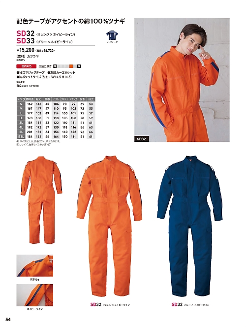 ソルディ ＳｕｎＤｉｓｋ [日の丸繊維],SD32,ツナギ(オレンジ)の写真は2026最新カタログ54ページに掲載されています。
