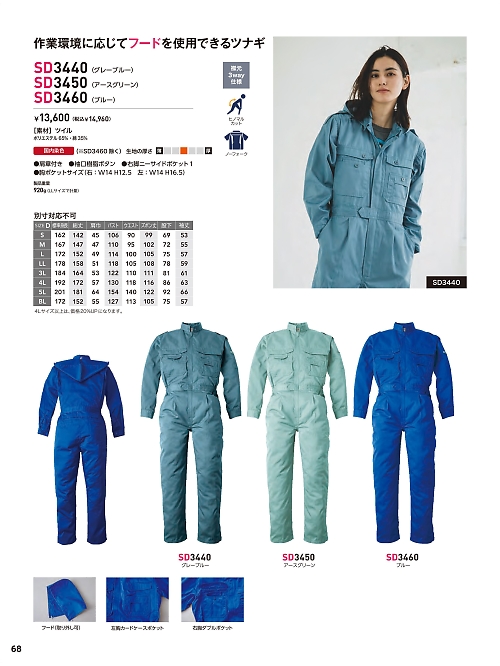 ソルディ ＳｕｎＤｉｓｋ [日の丸繊維],SD3460,ツナギ(ブルー)の写真は2026最新カタログ68ページに掲載されています。