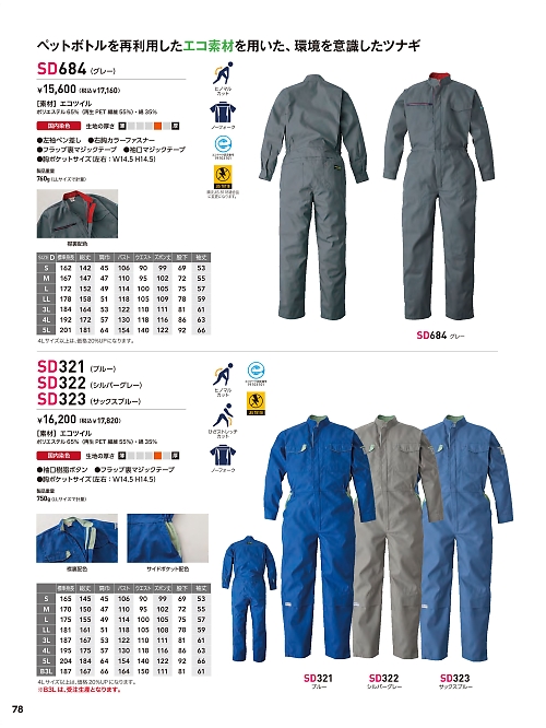 ソルディ ＳｕｎＤｉｓｋ [日の丸繊維],SD684,ツナギ(グレー)の写真は2026最新カタログ78ページに掲載されています。