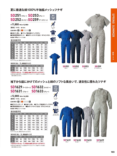 ソルディ ＳｕｎＤｉｓｋ [日の丸繊維],SD1632,ツナギ(ネイビー)の写真は2026最新カタログ103ページに掲載されています。