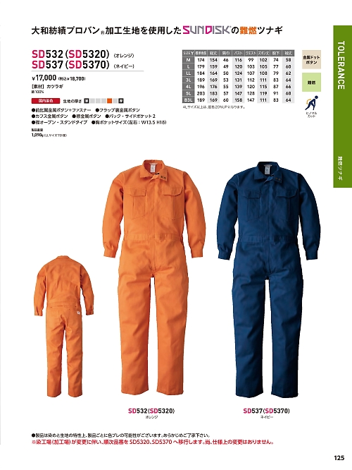 ソルディ ＳｕｎＤｉｓｋ [日の丸繊維],SD537,ツナギ(ネイビー)の写真は2026最新カタログ125ページに掲載されています。