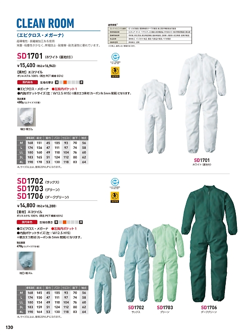 ソルディ ＳｕｎＤｉｓｋ [日の丸繊維],SD1703,無塵ツナギ(グリーン)の写真は2026最新カタログ130ページに掲載されています。