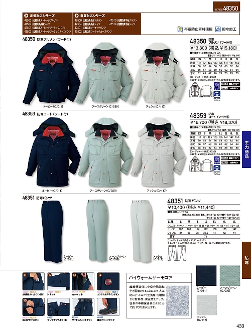 自重堂・JAWIN・制服百科,48353,コート(フード付)防寒の写真は2023-24最新のオンラインカタログの433ページに掲載されています。